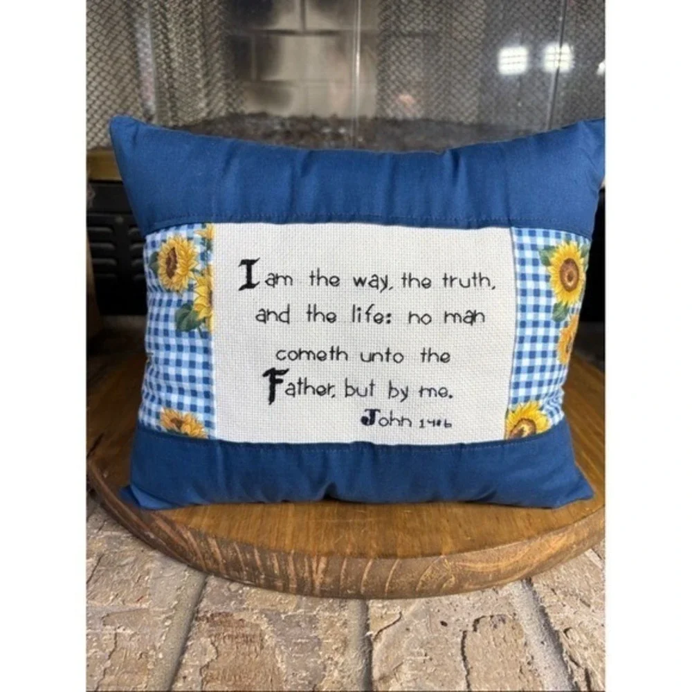 Handmade‎ Cross Stitch Scripture John 14:6 Accent Pillow w/Sunflowers Blue NWOT
